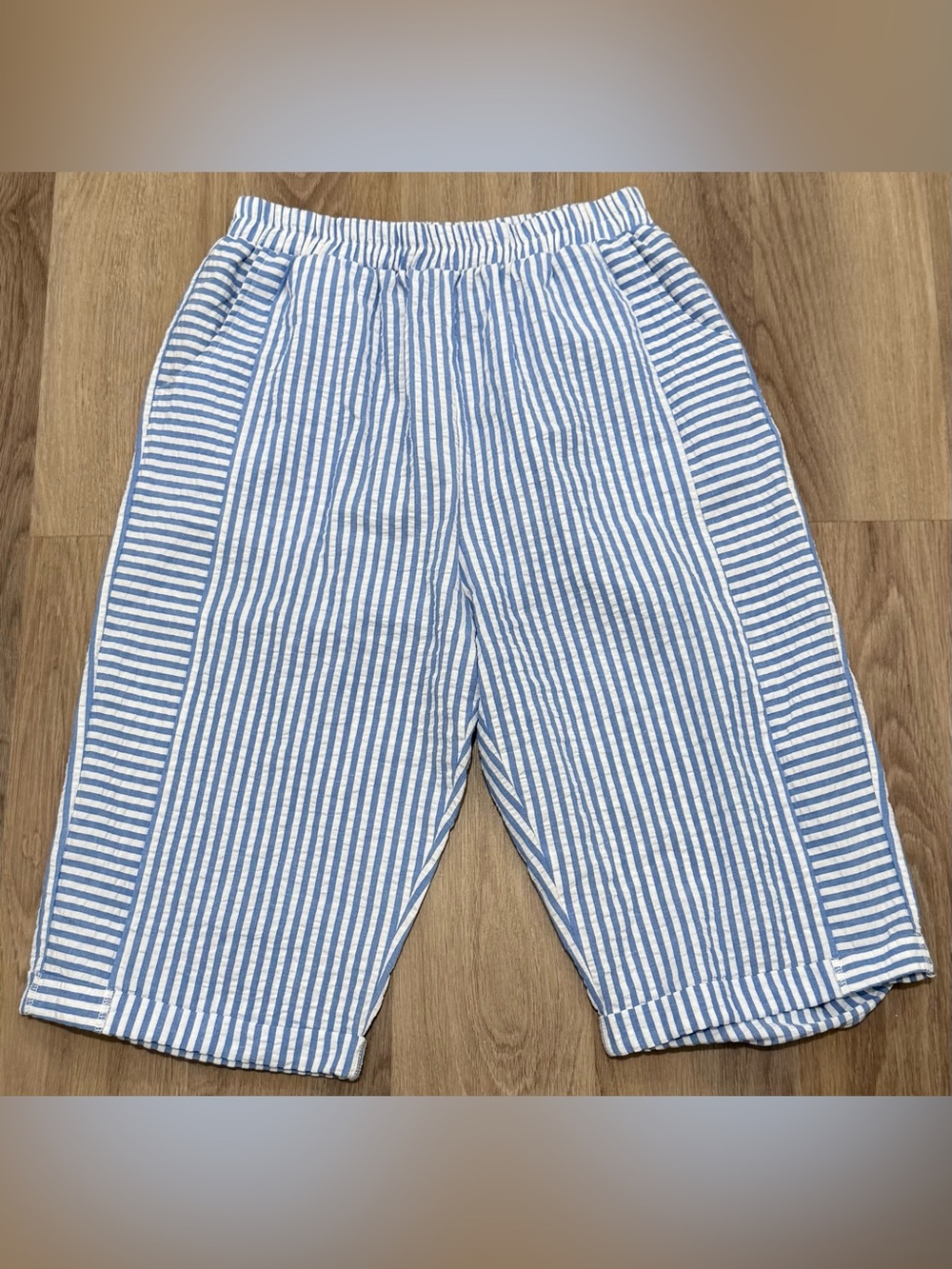 Blue White Seersucker Stripe Wide Leg Crop Pants Women’s Large L Pull-On Pockets